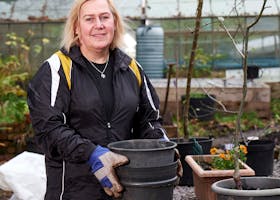 pexels-photo-7851067-7851067 Woman gardener in a garden holding pots. Greenhouse and plants in the background.